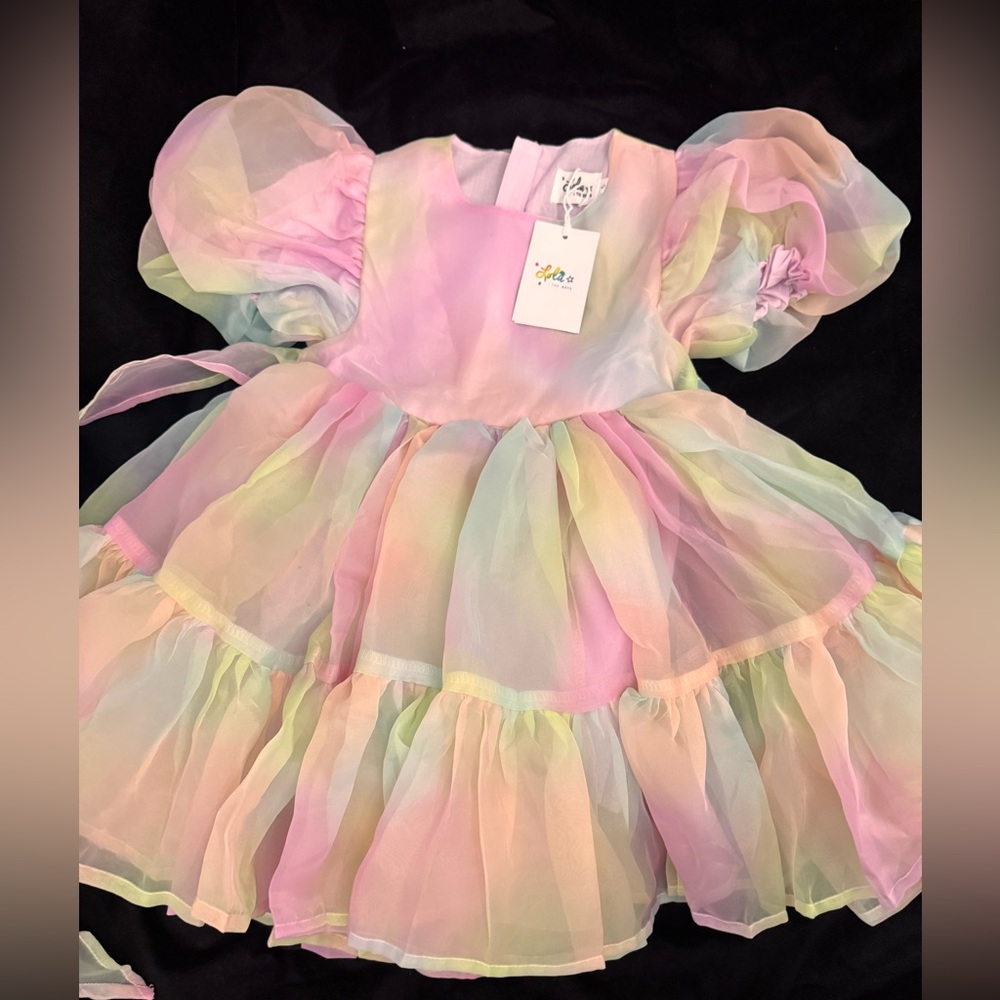 Lola + The Boys Pastel Rainbow Organza Dress Puff Sleeve Party Dress Size 6 NWT